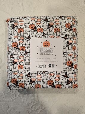 Halloween Pumpkin & Dog Queen Sheet Set - White & Orange